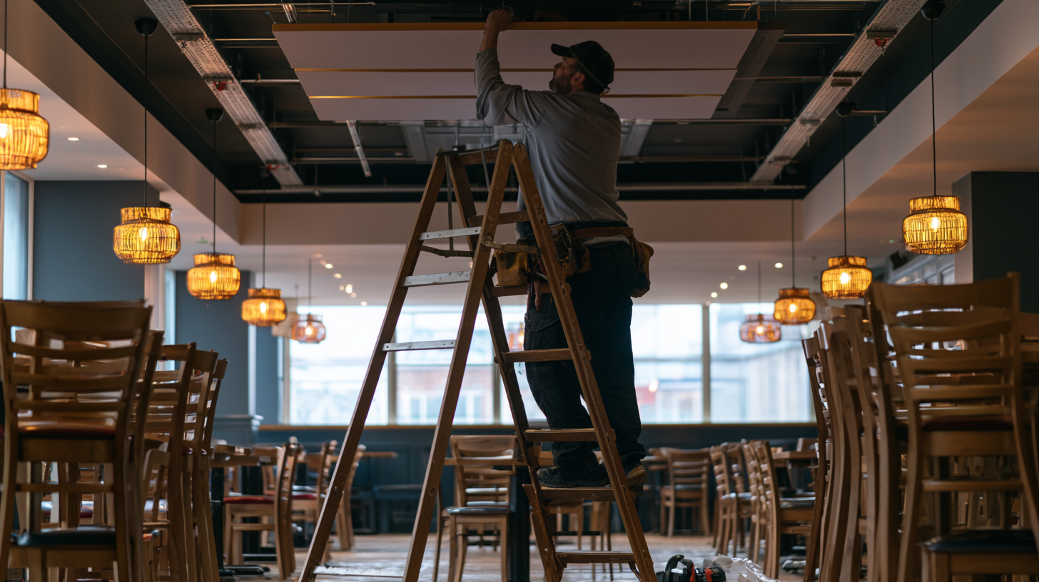 Worker installing a suspended acoustic ceiling panel in an empty restaurant